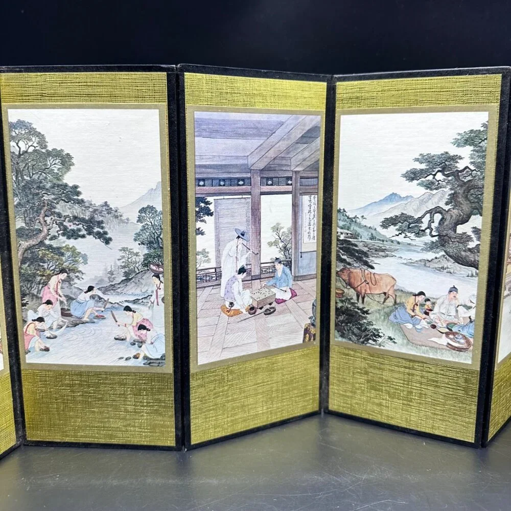 Vintage Korean Village Life Mini Folding Screen Art Decor Tabletop Display Asian